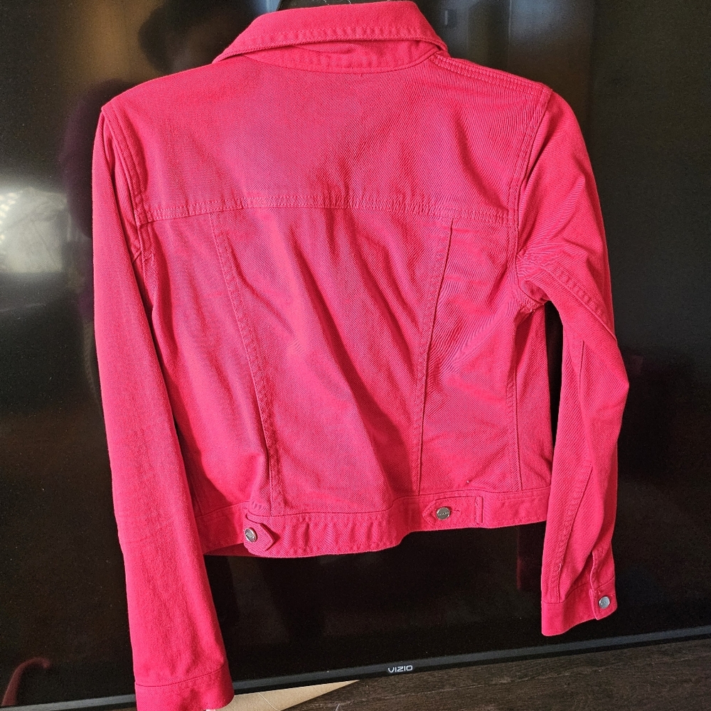 Chaps Red Denim Jacket Collared Buttoned Down Wom… - image 3